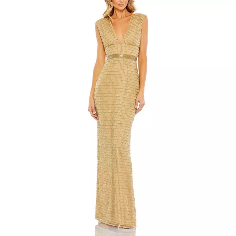 Mac Duggal Gold Beaded Plunge Evening Gown